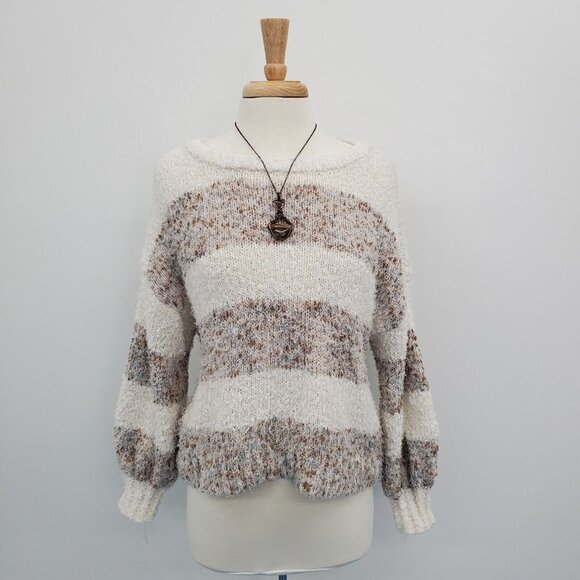 Maurices Womens Fuzzy Striped Pullover Sweater XL Beige White Lantern Sleeve - Picture 1 of 15